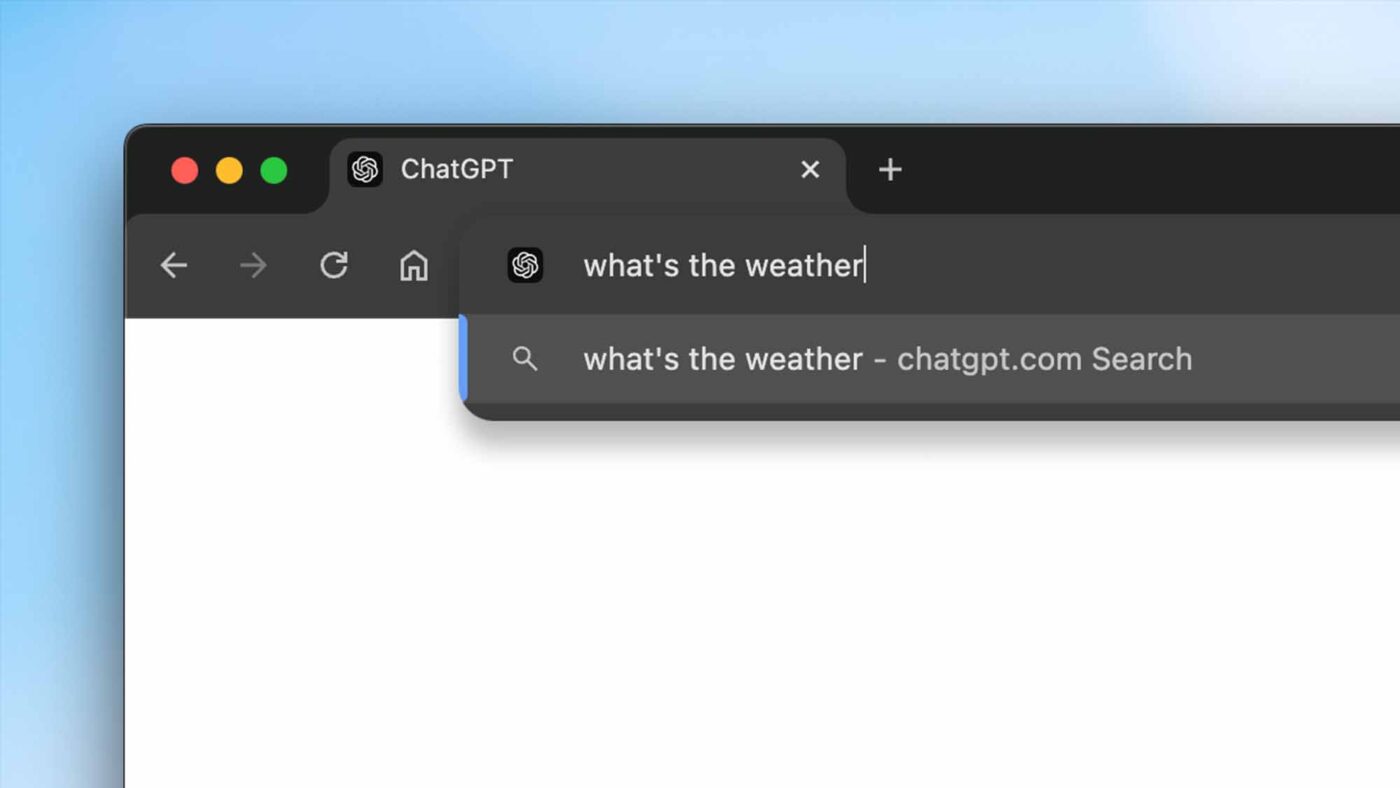 Screenshot der ChatGPT-Browsererweiterung: Eine Suchanfrage ‘what’s the weather’ wird in der URL-Leiste des Browsers eingegeben und zeigt die ChatGPT-Suchoption als Standard-Suchmaschine.